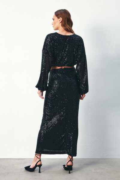 Sequined Long Skirt - BLACK - 11