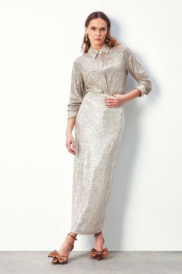 Sequined Long Skirt - LIGHT BEIGE - 1