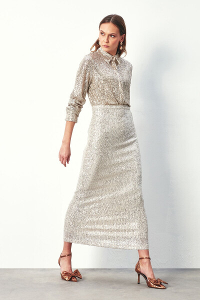 Sequined Long Skirt - LIGHT BEIGE - 2