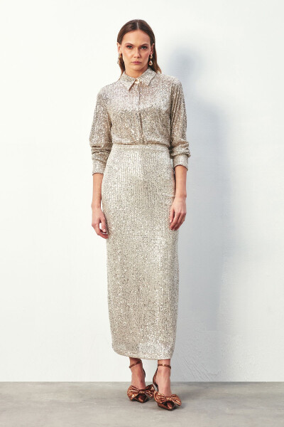 Sequined Long Skirt - LIGHT BEIGE - 3