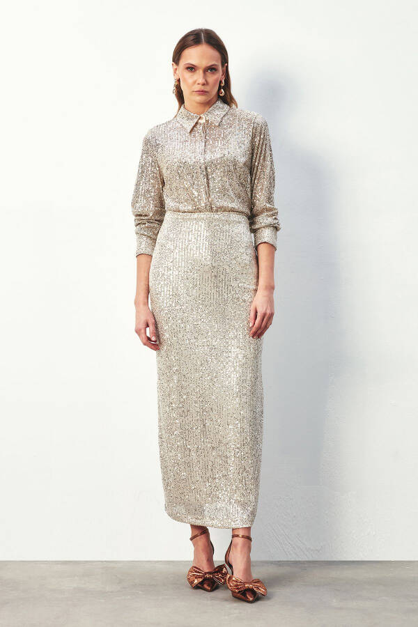 Sequined Long Skirt - LIGHT BEIGE - 3