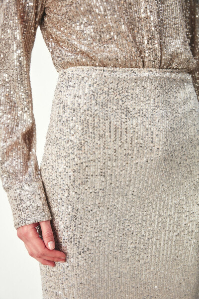 Sequined Long Skirt - LIGHT BEIGE - 5