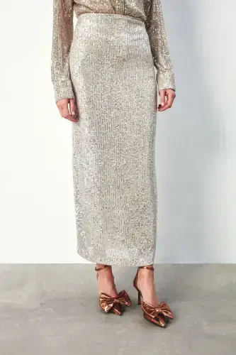 Sequined Long Skirt - LIGHT BEIGE - 4