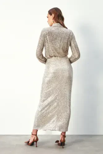 Sequined Long Skirt - LIGHT BEIGE - 6