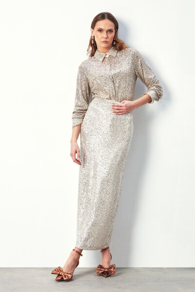 Sequined Long Skirt - LIGHT BEIGE - 7