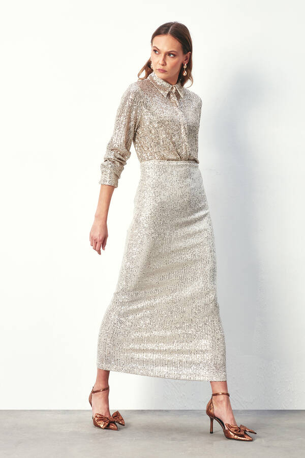 Sequined Long Skirt - LIGHT BEIGE - 8