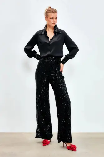 Sequined Pants with Belt - Black-BLACK - SATEEN (1)