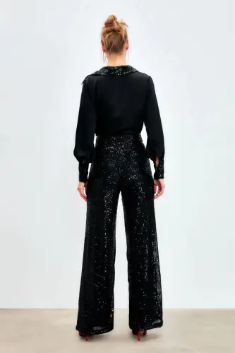 Sequined Pants with Belt - Black-BLACK - 5