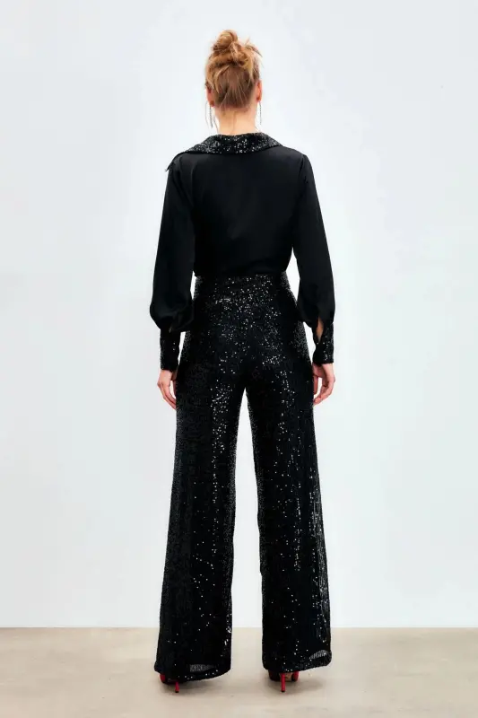 Sequined Pants with Belt - Black-BLACK - 5