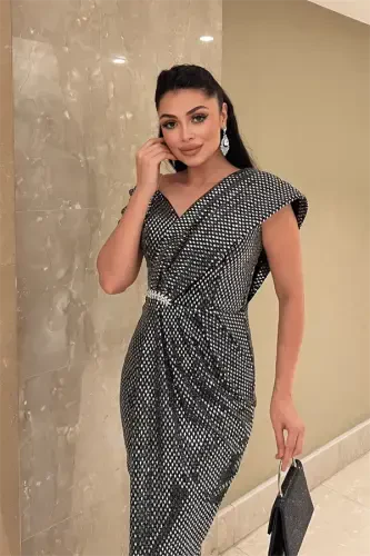 Sequined Patterned Fabric Design Dress - SILVER - 3