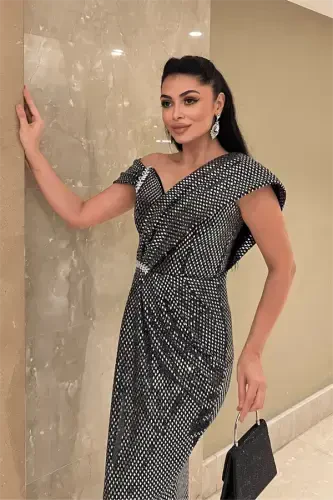 Sequined Patterned Fabric Design Dress - SILVER - 4