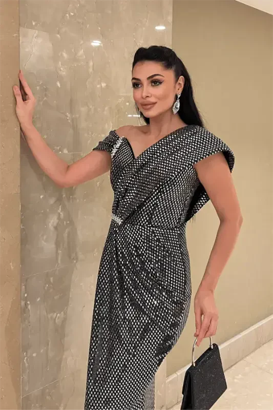 Sequined Patterned Fabric Design Dress - SILVER - 4