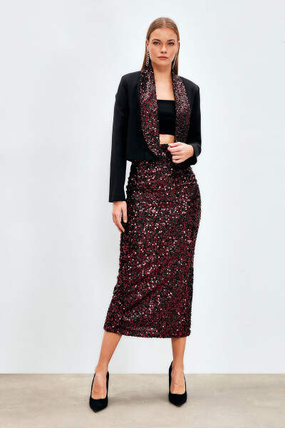 Sequined Pencil Skirt - BORDEAUX - 1