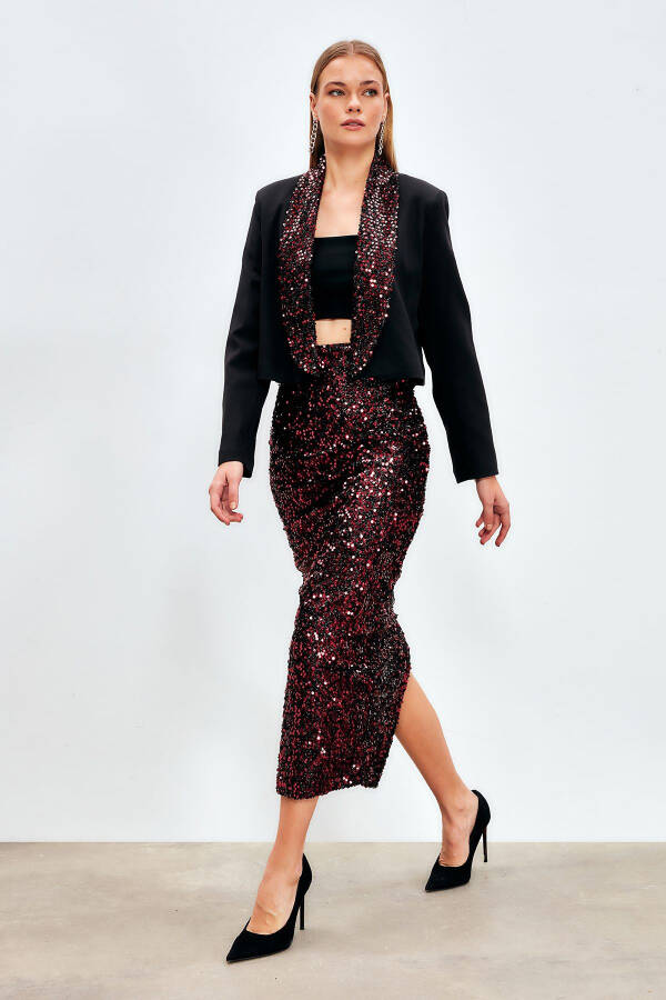 Sequined Pencil Skirt - BORDEAUX - 2