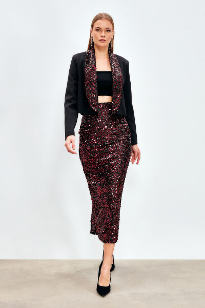 Sequined Pencil Skirt - BORDEAUX - 3