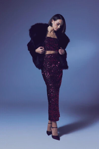 Sequined Pencil Skirt - BORDEAUX - SATEEN