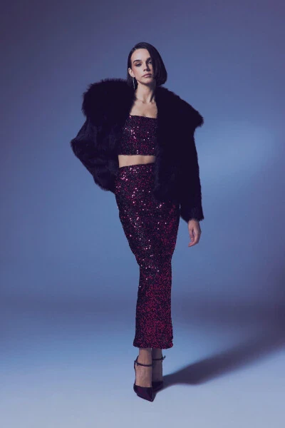 Sequined Pencil Skirt - BORDEAUX - SATEEN (1)