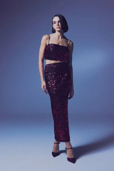 Sequined Pencil Skirt - BORDEAUX - 5