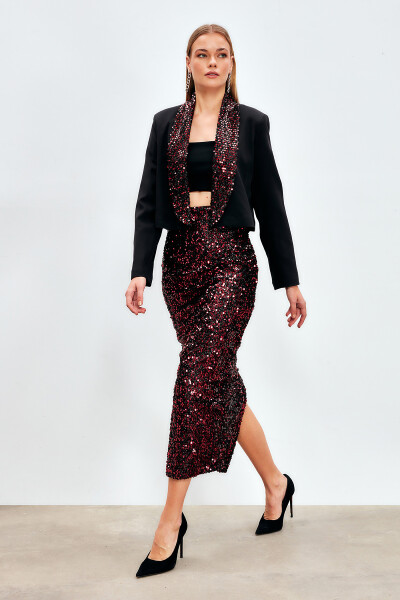 Sequined Pencil Skirt - BORDEAUX - 8