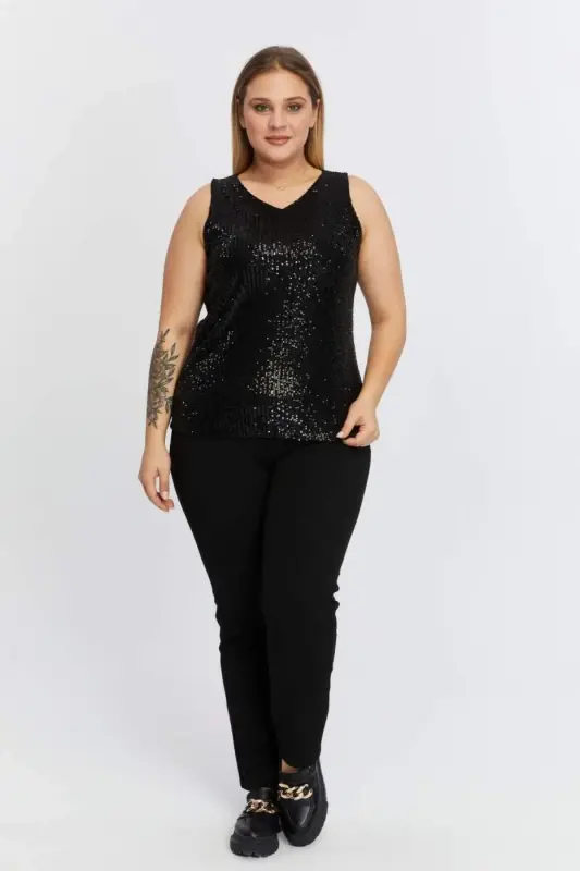 Sequined Plus Size Sleeveless Black Blouse - 4