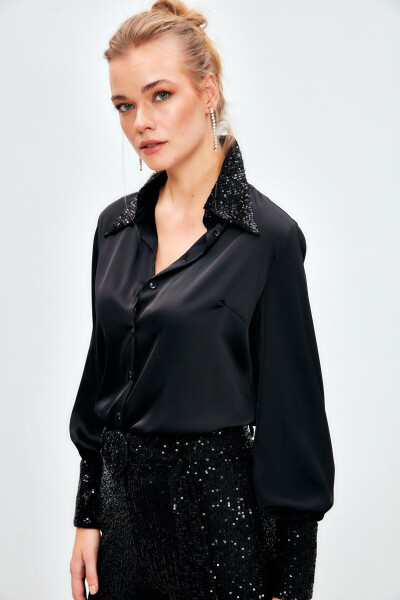 Sequined Satin Blouse - BLACK - 2