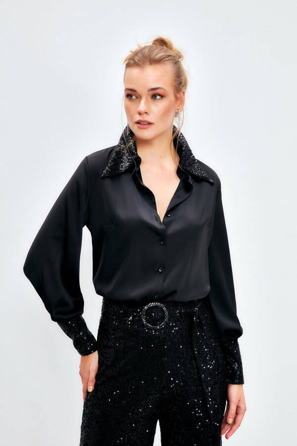 Sequined Satin Blouse - BLACK - 3