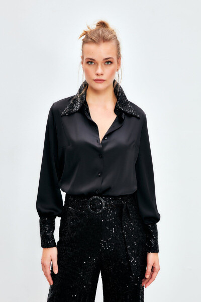 Sequined Satin Blouse - BLACK - 4