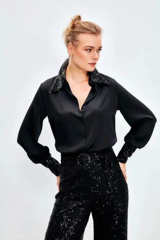 Sequined Satin Blouse - BLACK - SATEEN