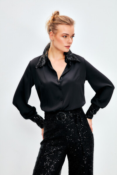 Sequined Satin Blouse - BLACK - 6