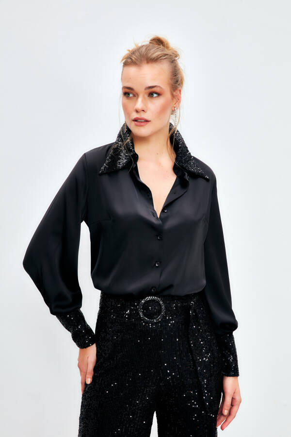 Sequined Satin Blouse - BLACK - 8