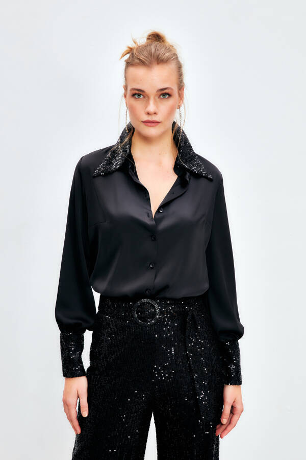 Sequined Satin Blouse - BLACK - 9