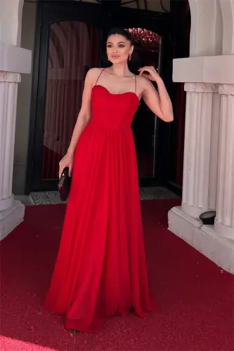 Sequined Tulle Fabric Back Strappy Evening Dress - RED - 1