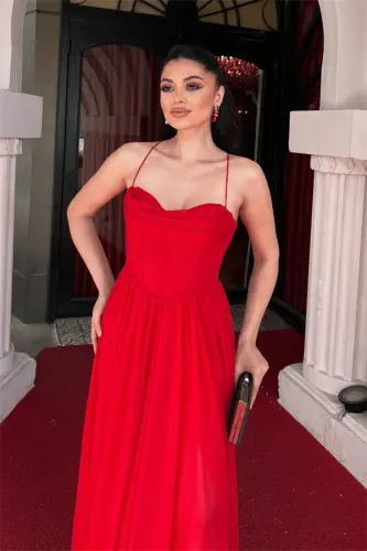 Sequined Tulle Fabric Back Strappy Evening Dress - RED - 4