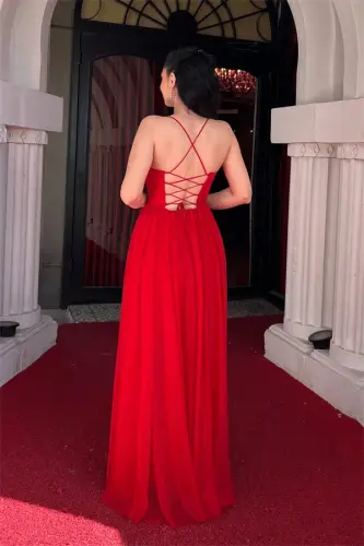 Sequined Tulle Fabric Back Strappy Evening Dress - RED - 5