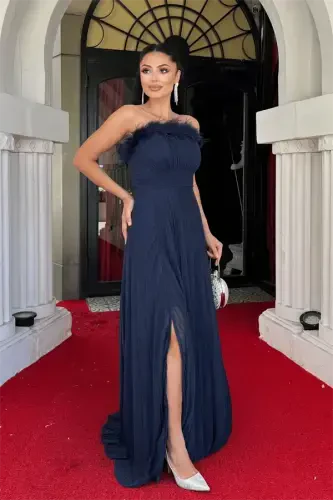 Sequined Tulle Fabric Collar Ostrich Pleated Detailed Evening Dress - NAVY BLUE - 2