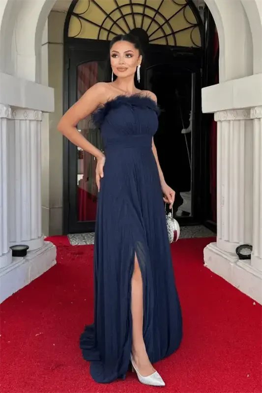 Sequined Tulle Fabric Collar Ostrich Pleated Detailed Evening Dress - NAVY BLUE - 2