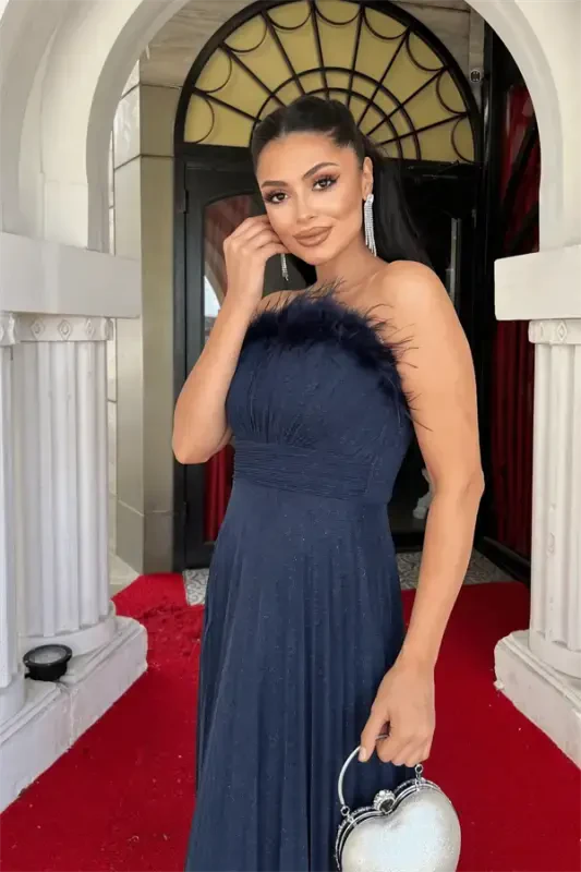 Sequined Tulle Fabric Collar Ostrich Pleated Detailed Evening Dress - NAVY BLUE - 3