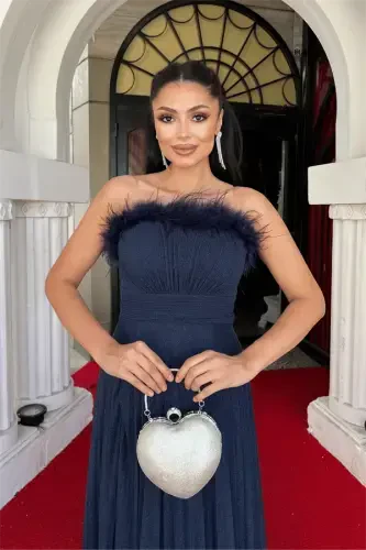 Sequined Tulle Fabric Collar Ostrich Pleated Detailed Evening Dress - NAVY BLUE - 4