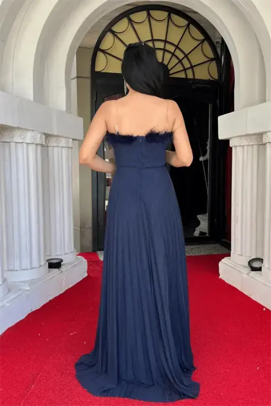 Sequined Tulle Fabric Collar Ostrich Pleated Detailed Evening Dress - NAVY BLUE - 5