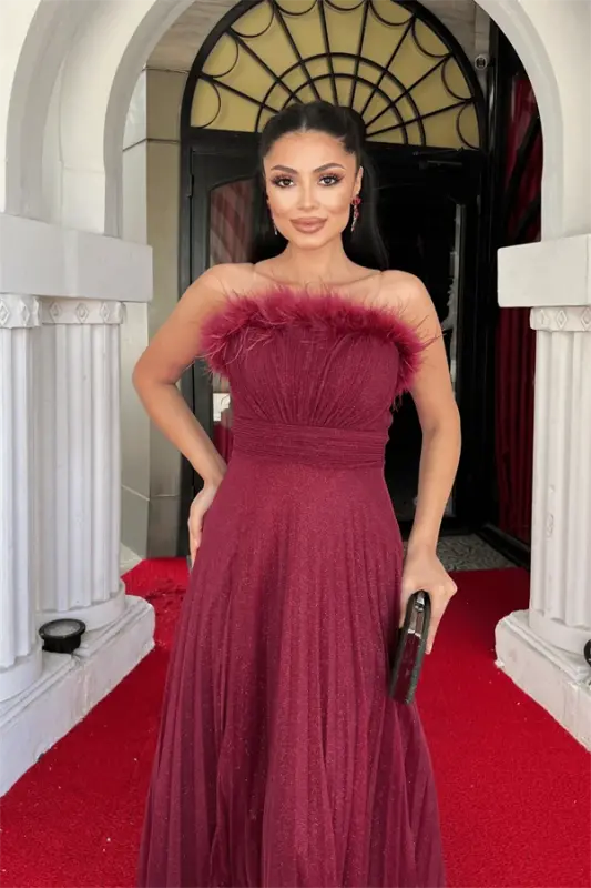 Sequined Tulle Fabric Feather Trim Pleated Evening Dress - BURGUNDY - 3