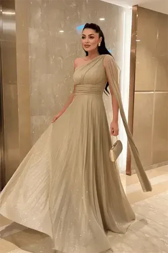 Sequined Tulle Fabric Pleated Detailed Evening Dress - BEIGE - BÜYÜKBEDENIZ (1)