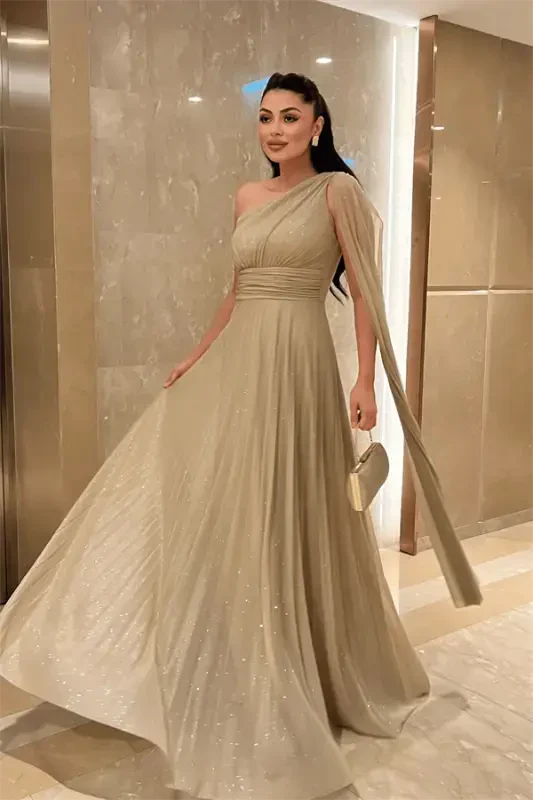Sequined Tulle Fabric Pleated Detailed Evening Dress - BEIGE - 2