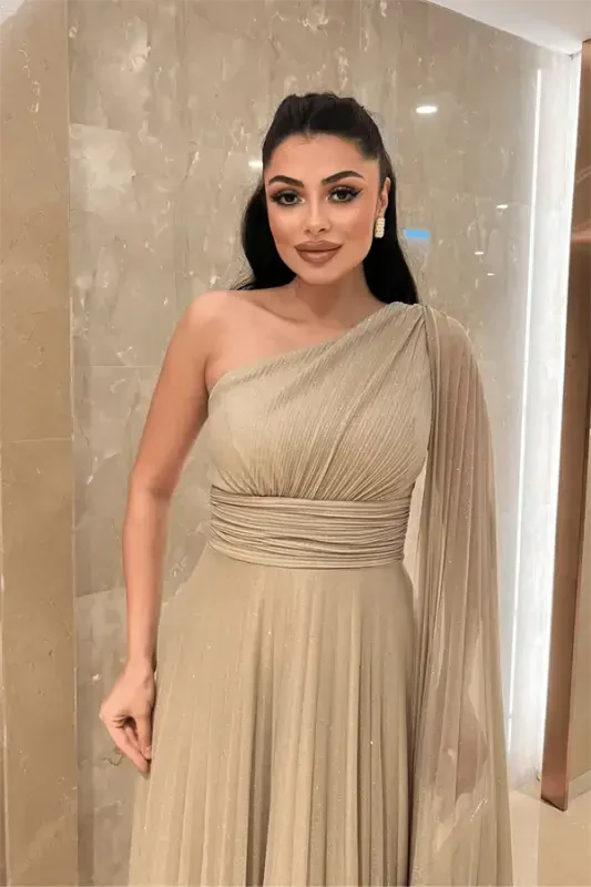 Sequined Tulle Fabric Pleated Detailed Evening Dress - BEIGE - 4