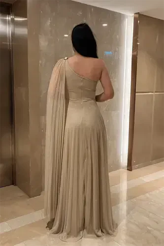 Sequined Tulle Fabric Pleated Detailed Evening Dress - BEIGE - 5