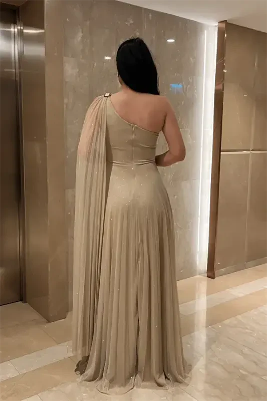 Sequined Tulle Fabric Pleated Detailed Evening Dress - BEIGE - 5