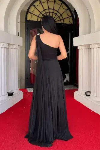 Sequined Tulle Fabric Pleated Detailed Evening Dress - BLACK - 5