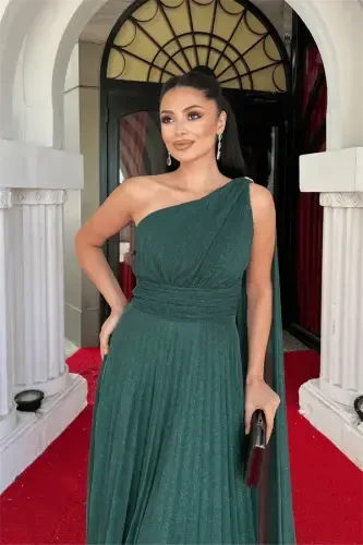 Sequined Tulle Fabric Pleated Detailed Evening Dress - EMERALD GREEN - 3