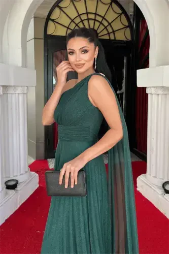 Sequined Tulle Fabric Pleated Detailed Evening Dress - EMERALD GREEN - 4