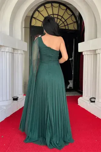 Sequined Tulle Fabric Pleated Detailed Evening Dress - EMERALD GREEN - 5
