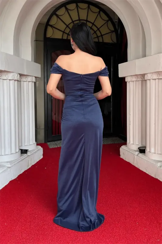 Sequined Tulle Fabric Ruched Detailed Evening Dress - NAVY BLUE - 5